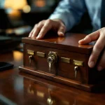 Beveiligingsspecialist plaatst metalen sleutels in gelabelde compartimenten van houten beveiligingsbox op bureau