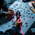 Cybersecurity professional richt doelwit op netwerkdiagram voor penetratietesten, documenten en pennen op bureau