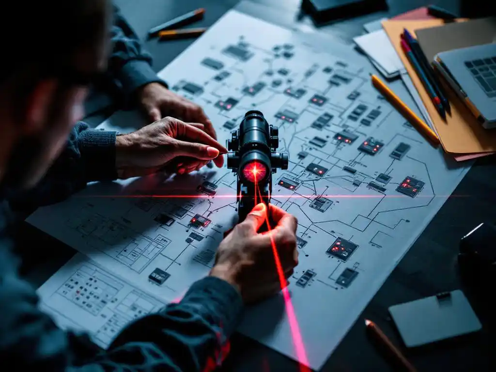Cybersecurity professional richt doelwit op netwerkdiagram voor penetratietesten, documenten en pennen op bureau
