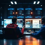 Cybersecurity professionals in rood en blauw uniform analyseren netwerkdiagrammen op monitoren in moderne commandocentrale