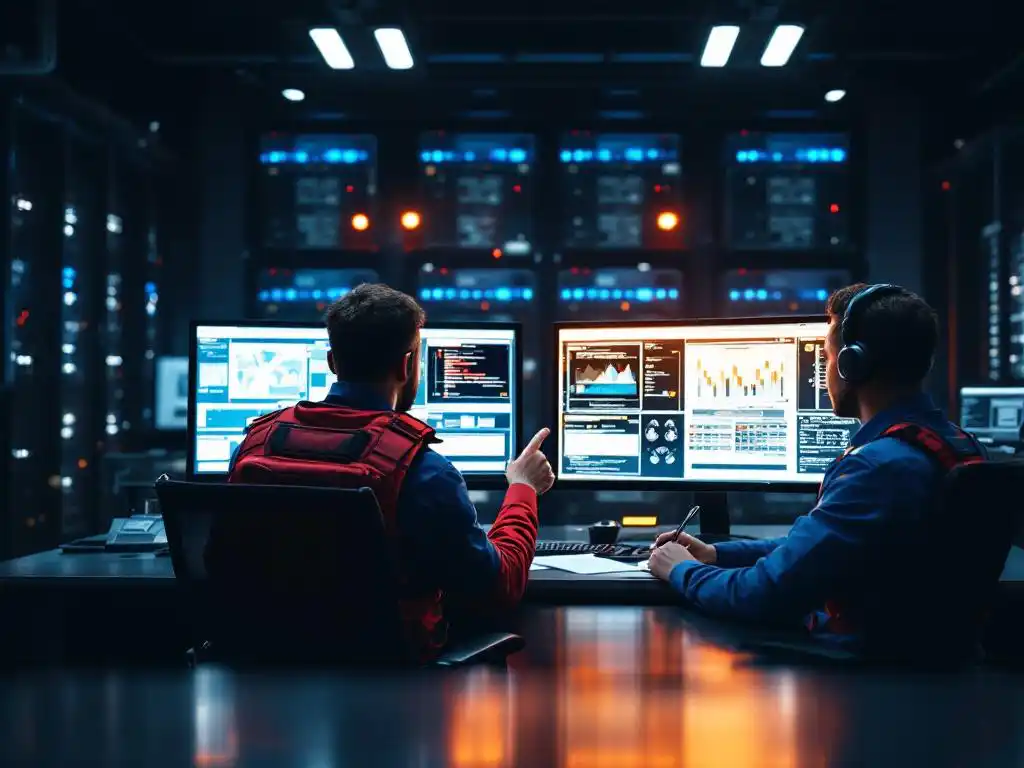 Cybersecurity professionals in rood en blauw uniform analyseren netwerkdiagrammen op monitoren in moderne commandocentrale