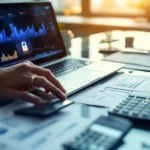 Cybersecurity analist bekijkt financiële grafieken en beveiligingsrapporten op laptop met ROI spreadsheets op bureau