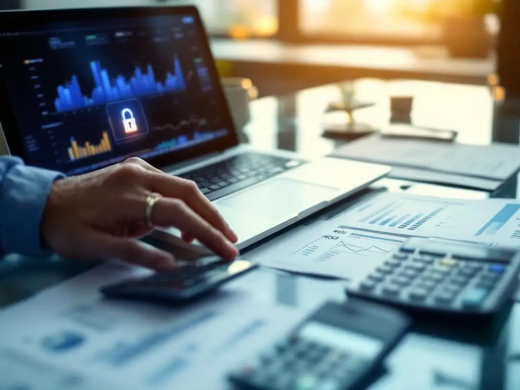 Cybersecurity analist bekijkt financiële grafieken en beveiligingsrapporten op laptop met ROI spreadsheets op bureau