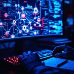 Cybersecurity-analist analyseert netwerkdiagram met kwetsbaarheden op computermonitor, handen op toetsenbord