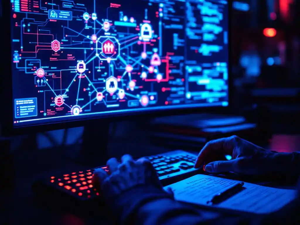 Cybersecurity-analist analyseert netwerkdiagram met kwetsbaarheden op computermonitor, handen op toetsenbord