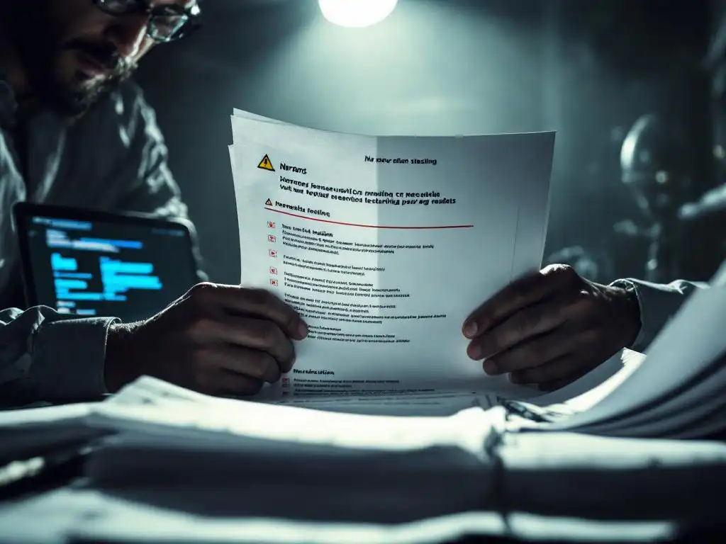 Cybersecurity analist bekijkt penetratietestrapport met waarschuwingen, laptop toont netwerkkwetsbaarheden op achtergrond