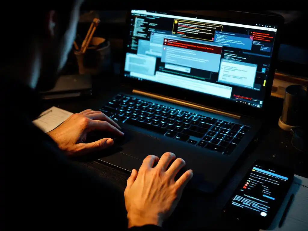 Persoon met handen boven laptop toetsenbord, scherm toont verdachte popups en foutmeldingen, cybersecurity bedreiging