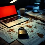 Zakenbureau met laptop die rode waarschuwing toont, gebroken hangslot en financiële documenten met dalende cijfers