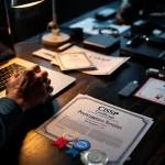 Cybersecurity professional typt op laptop met CISSP, CEH en OSCP certificaten op donker houten bureau