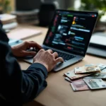 Cybersecurity consultant typt op laptop naast euro bankbiljetten, penetratietest rapport zichtbaar op scherm