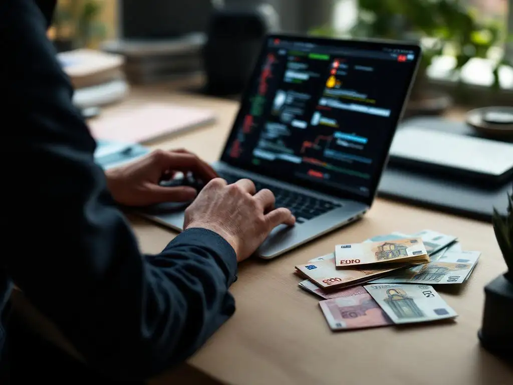 Cybersecurity consultant typt op laptop naast euro bankbiljetten, penetratietest rapport zichtbaar op scherm
