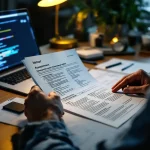 Cybersecurity consultant onderzoekt beveiligingsrapport met vergrootglas op modern bureau met laptop en documentatie
