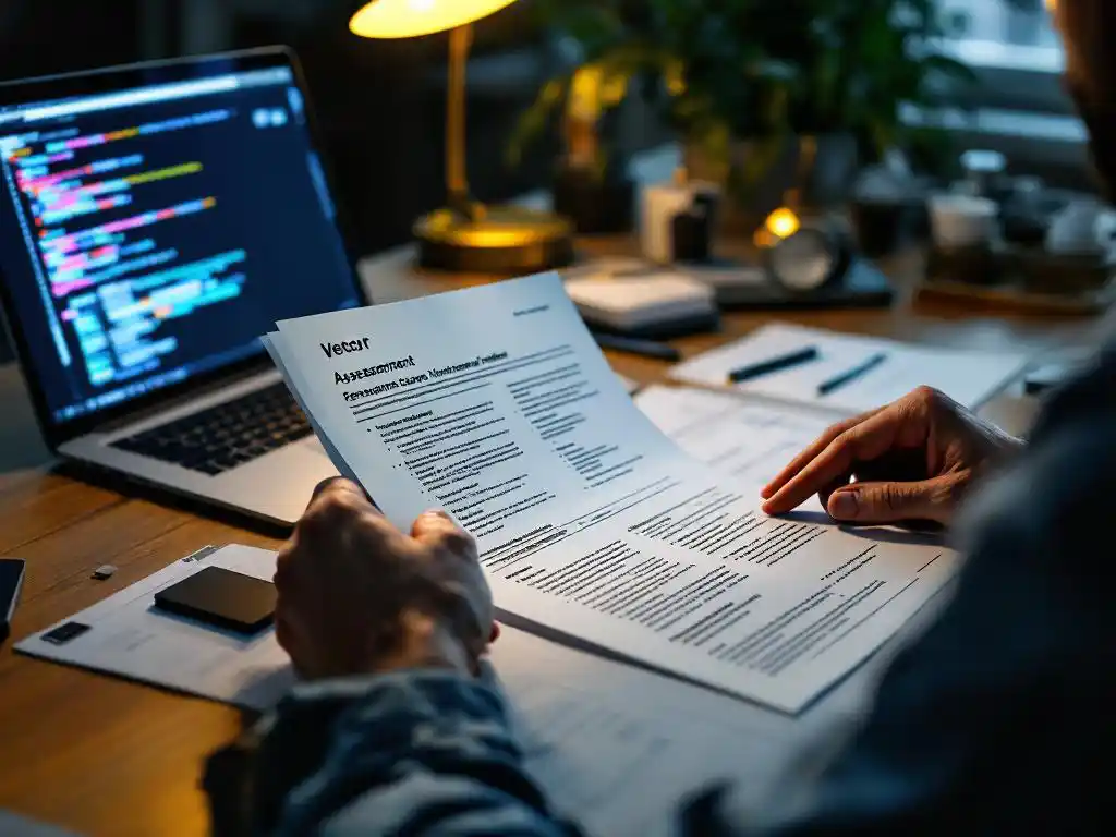Cybersecurity consultant onderzoekt beveiligingsrapport met vergrootglas op modern bureau met laptop en documentatie