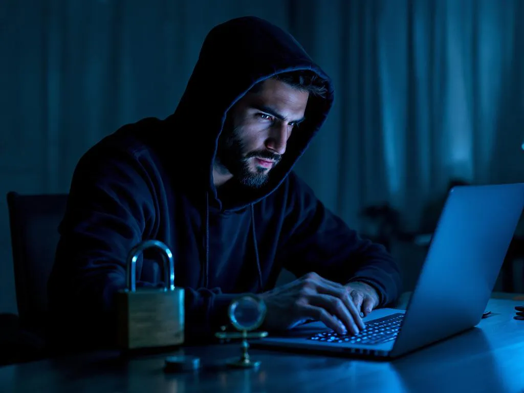 Cybersecurity expert in hoodie overweegt beslissing aan laptop met weegschaal, slot en vergrootglas op bureau
