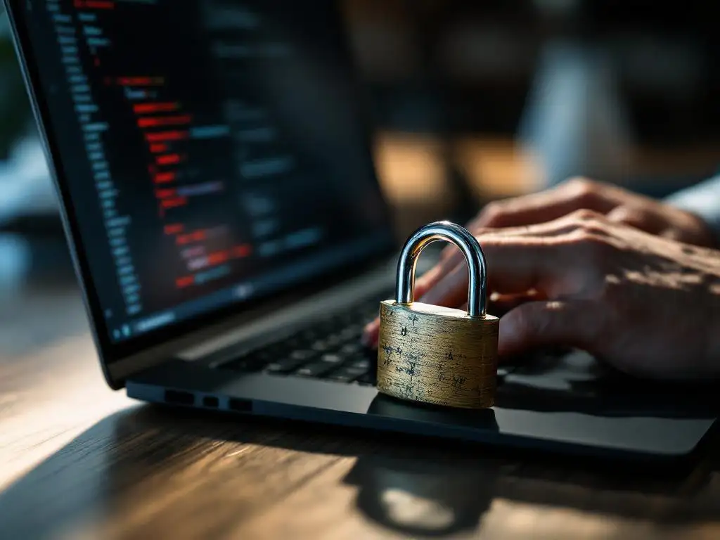 Cybersecurityexpert typt op laptop met code en waarschuwingen, versleten hangslot op bureau symboliseert digitale beveiliging