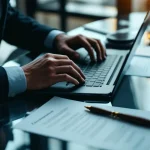 Cybersecurity expert typt op laptop toetsenbord naast juridische documenten en hamer op glazen bureau
