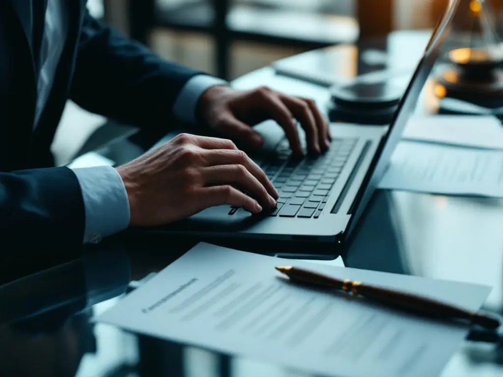 Cybersecurity expert typt op laptop toetsenbord naast juridische documenten en hamer op glazen bureau