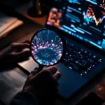 Cybersecurity expert houdt vergrootglas boven laptop toetsenbord met gloeiende circuits, documenten op bureau
