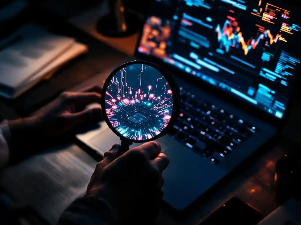 Cybersecurity expert houdt vergrootglas boven laptop toetsenbord met gloeiende circuits, documenten op bureau
