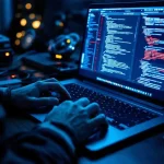Cybersecurity expert typt op laptop met beveiligingscode op scherm en penetratietesttools op houten bureau