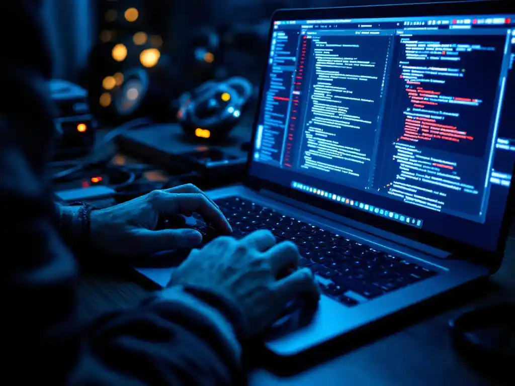 Cybersecurity expert typt op laptop met beveiligingscode op scherm en penetratietesttools op houten bureau