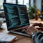 Cybersecurity expert typt op laptop met beveiligingscode op scherm, koffie en notities op bureau