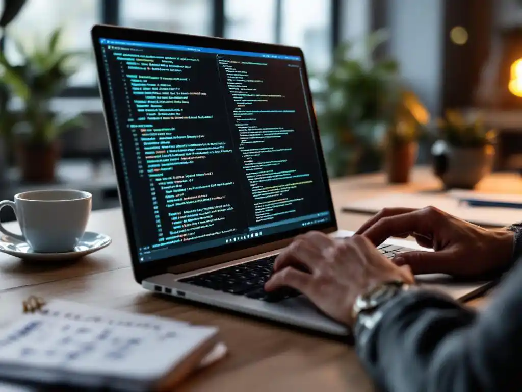 Cybersecurity expert typt op laptop met beveiligingscode op scherm, koffie en notities op bureau