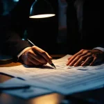 Cybersecurity expert bestudeert Nederlandse juridische documenten aan bureau met laptop met netwerkbeveiligingsdiagrammen