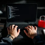 Cybersecurity expert typt penetratietestcode op laptop, open hangslot en beveiligingsnotities op bureau