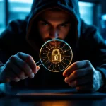 Cybersecurity expert in donkere hoodie onderzoekt gloeiend hangslot met vergrootglas, complexe slotmechanismen zichtbaar