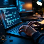 Cybersecurity expert typt op laptop toetsenbord met code op meerdere monitoren en penetratietest tools op bureau