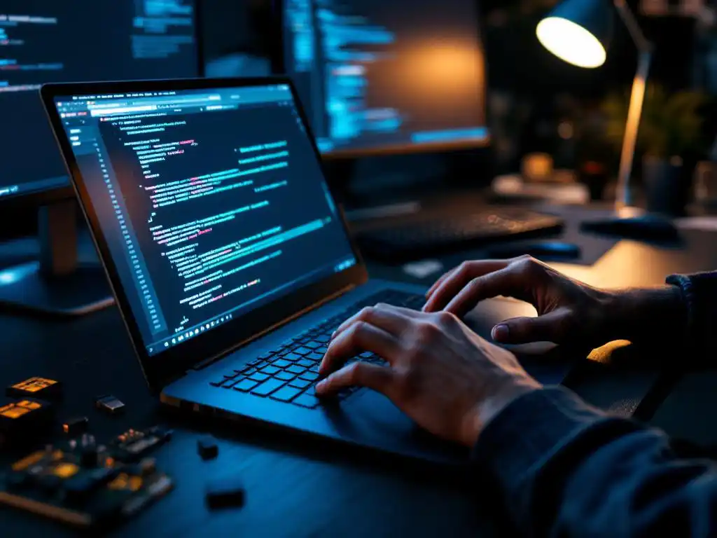 Cybersecurity expert typt op laptop toetsenbord met code op meerdere monitoren en penetratietest tools op bureau