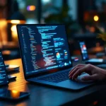 Moderne werkplek met laptop die cybersecurity code toont, omringd door smartphones en tablets met Nederlandse vlag