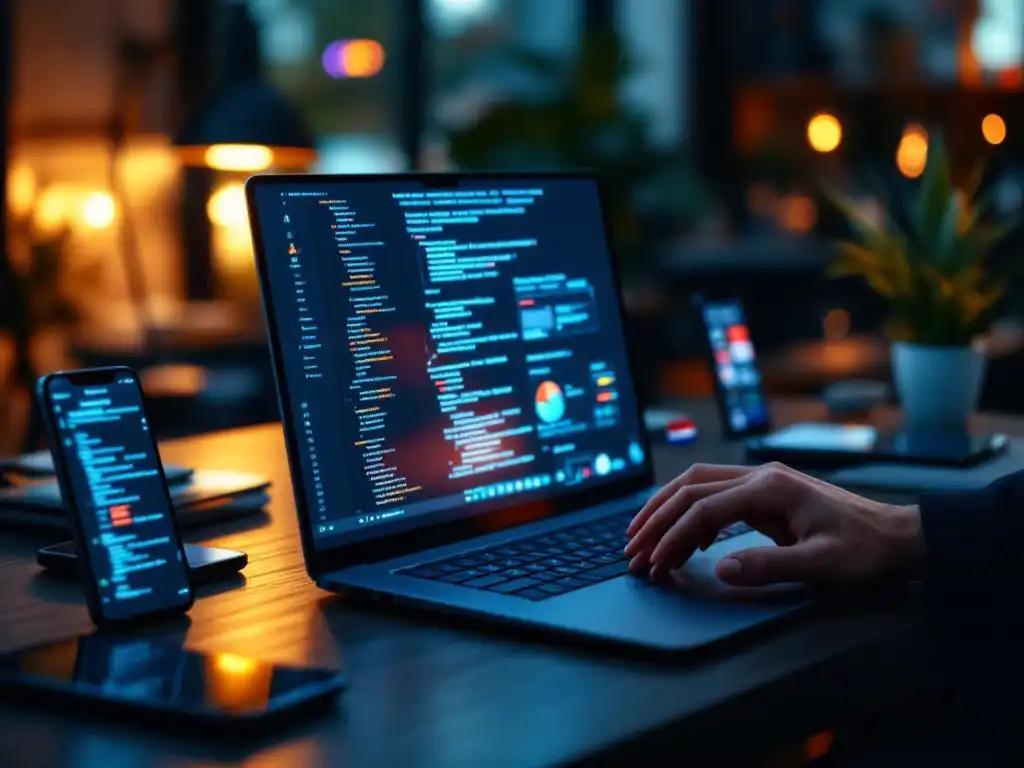 Moderne werkplek met laptop die cybersecurity code toont, omringd door smartphones en tablets met Nederlandse vlag