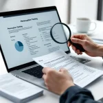 Cybersecurityprofessional onderzoekt penetratietestrapport op laptop met vergrootglas, gedrukte documentatie op bureau