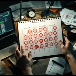 Cybersecurity professional markeert penetratietest data op bureau kalender met laptop en auditverslagen zichtbaar