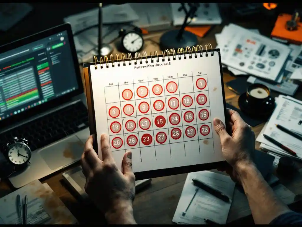 Cybersecurity professional markeert penetratietest data op bureau kalender met laptop en auditverslagen zichtbaar