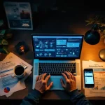 Cybersecurity professional werkt aan laptop met netwerkdiagrammen, omringd door penetratietests en koffie op bureau