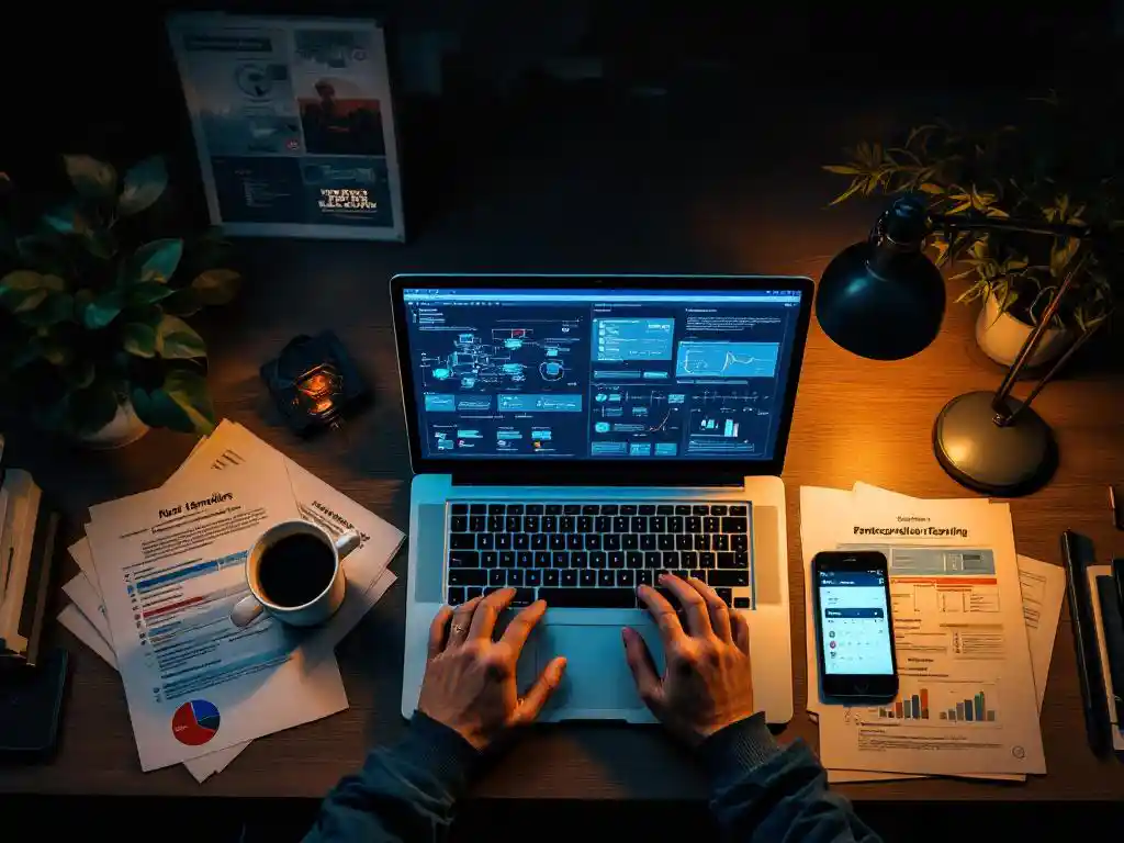Cybersecurity professional werkt aan laptop met netwerkdiagrammen, omringd door penetratietests en koffie op bureau