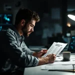Cybersecurityprofessional bekijkt beveiligingschecklist aan bureau met laptop die netwerkmonitoring toont op achtergrond