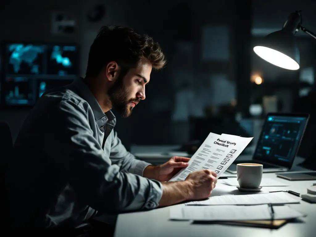 Cybersecurityprofessional bekijkt beveiligingschecklist aan bureau met laptop die netwerkmonitoring toont op achtergrond