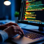 Cybersecurity professional typt op laptop met API-code en beveiligingskwetsbaarheden op scherm in moderne kantooromgeving