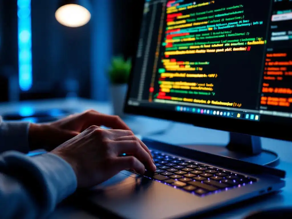 Cybersecurity professional typt op laptop met API-code en beveiligingskwetsbaarheden op scherm in moderne kantooromgeving