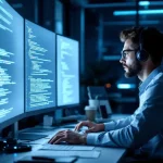 Cybersecurity professional analyseert broncode op meerdere monitoren in moderne werkruimte met LED-verlichting