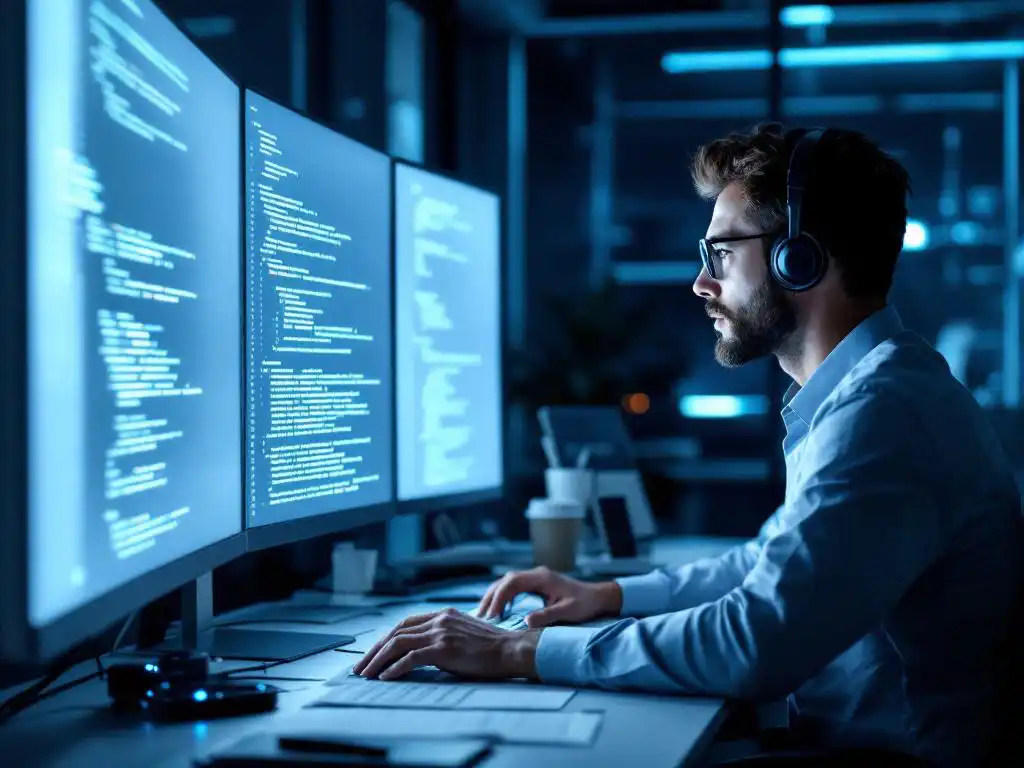 Cybersecurity professional analyseert broncode op meerdere monitoren in moderne werkruimte met LED-verlichting