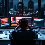 Gefrustreerde cybersecurity professional met hoofd in handen bij bureau met rode waarschuwingen op meerdere monitors