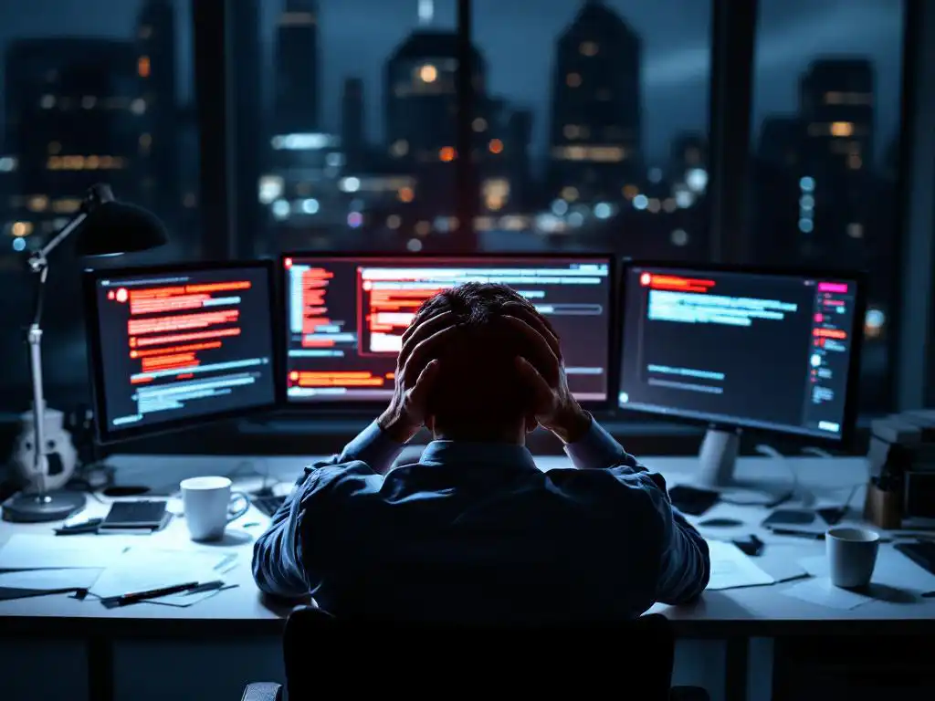 Gefrustreerde cybersecurity professional met hoofd in handen bij bureau met rode waarschuwingen op meerdere monitors