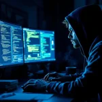 Cybersecurity professional werkt aan dual-monitor setup met code en netwerkdiagrammen, certificatieboeken op bureau