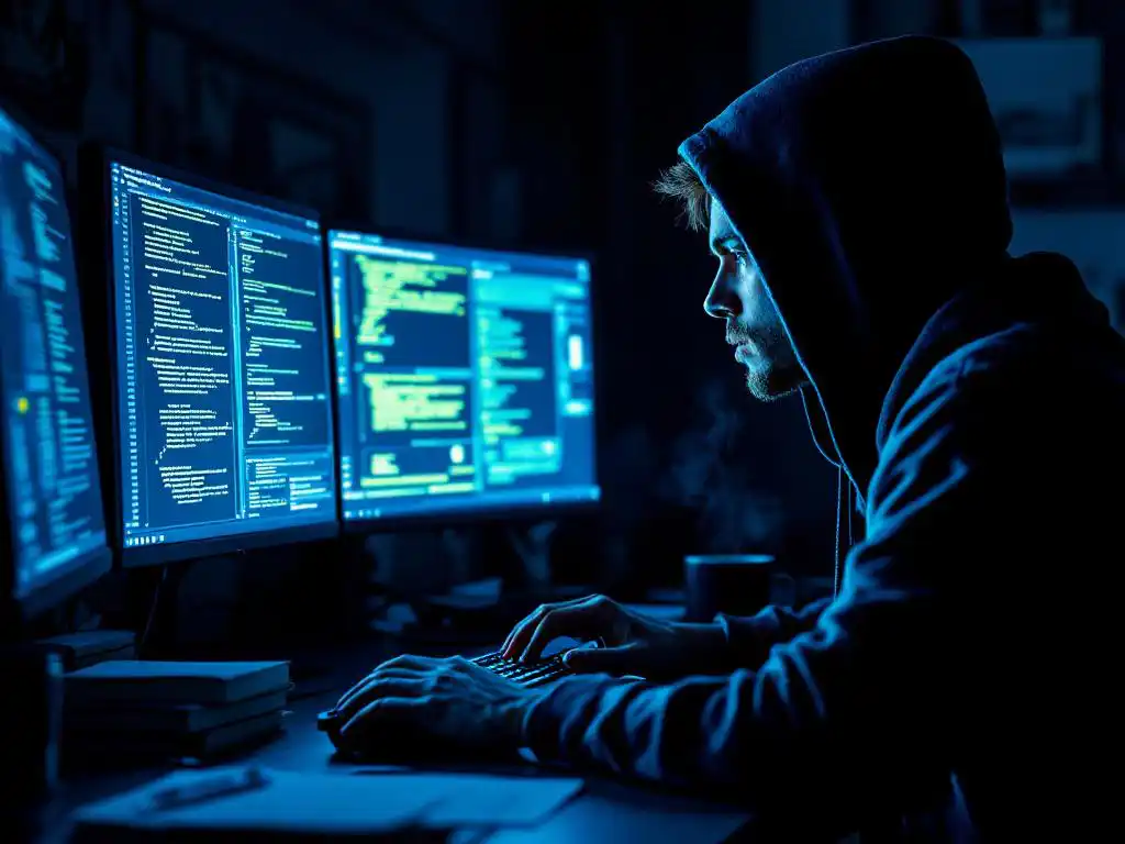 Cybersecurity professional werkt aan dual-monitor setup met code en netwerkdiagrammen, certificatieboeken op bureau