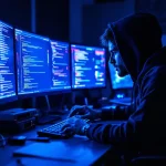 Cybersecurity professional in zwarte hoodie werkt aan meerdere monitoren met code en netwerkdiagrammen op moderne werkplek